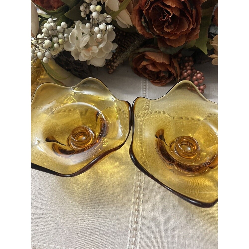 Pair Of Viking Glass Amber Candle Sticks Vintage
